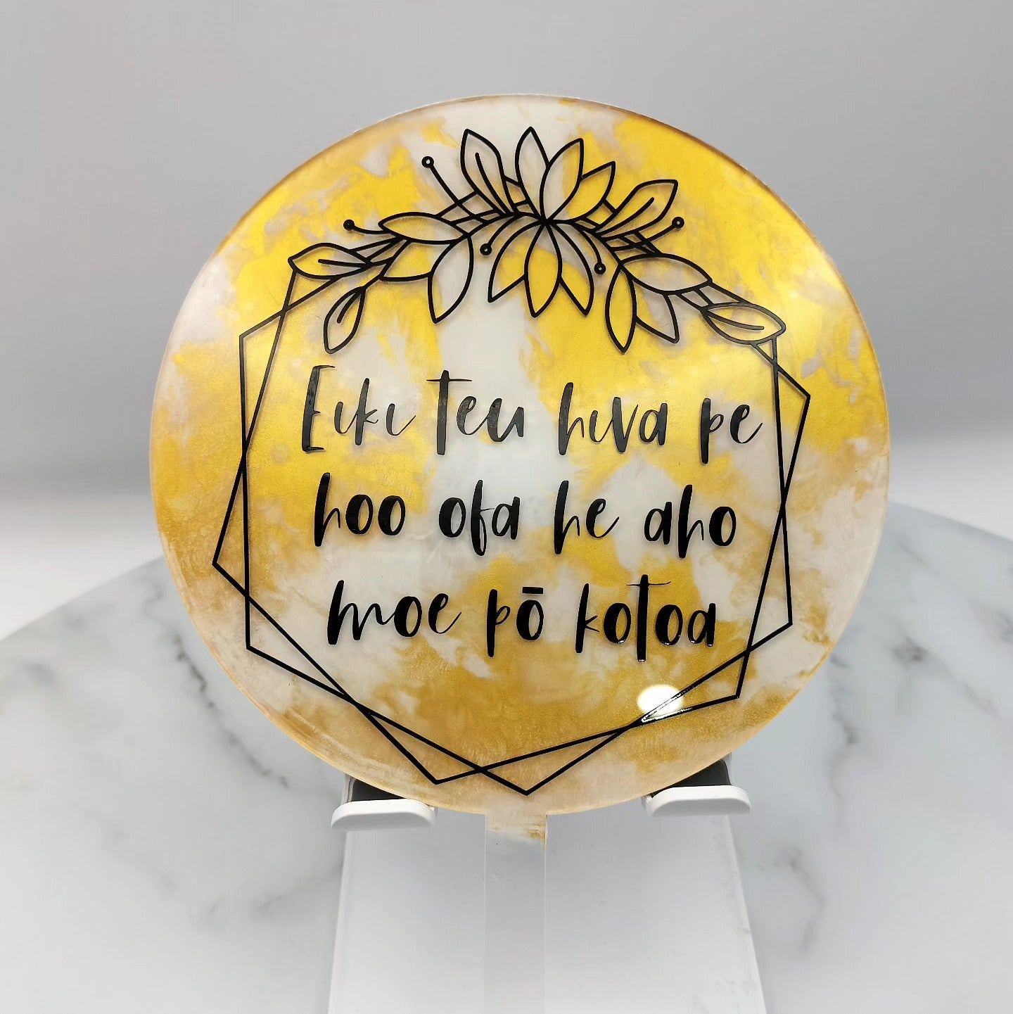 gold marble round acrylic cake topper with personalised message