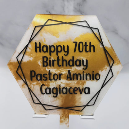 gold marble hexagonal acrylic cake topper with personalised message