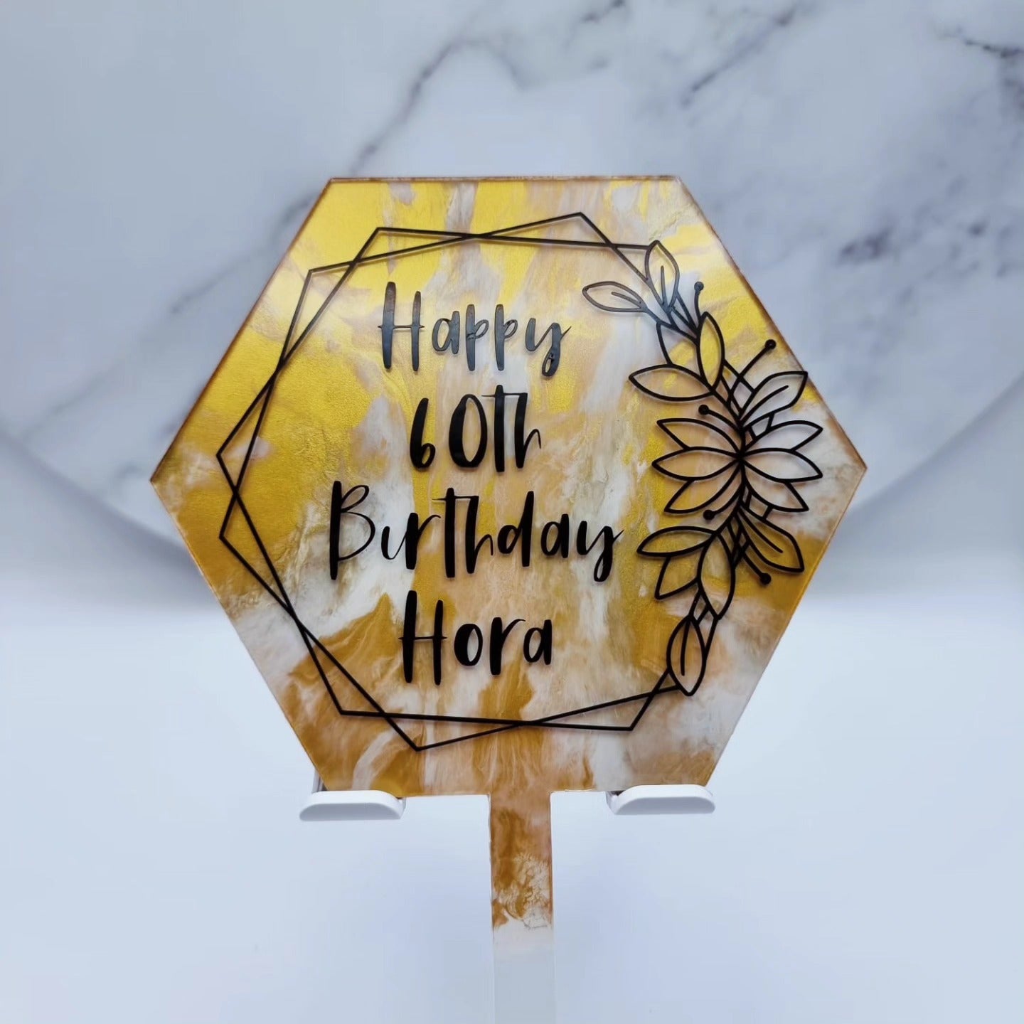 gold marble hexagonal acrylic cake topper with personalised message