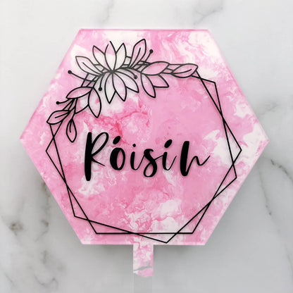pink marble hexagonal acrylic cake topper with personalised message