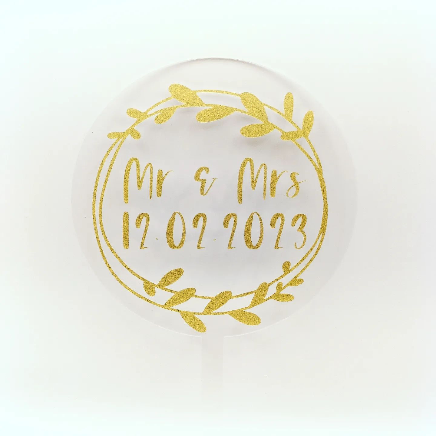 round acrylic cake topper with personalised message