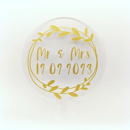 round acrylic cake topper with personalised message