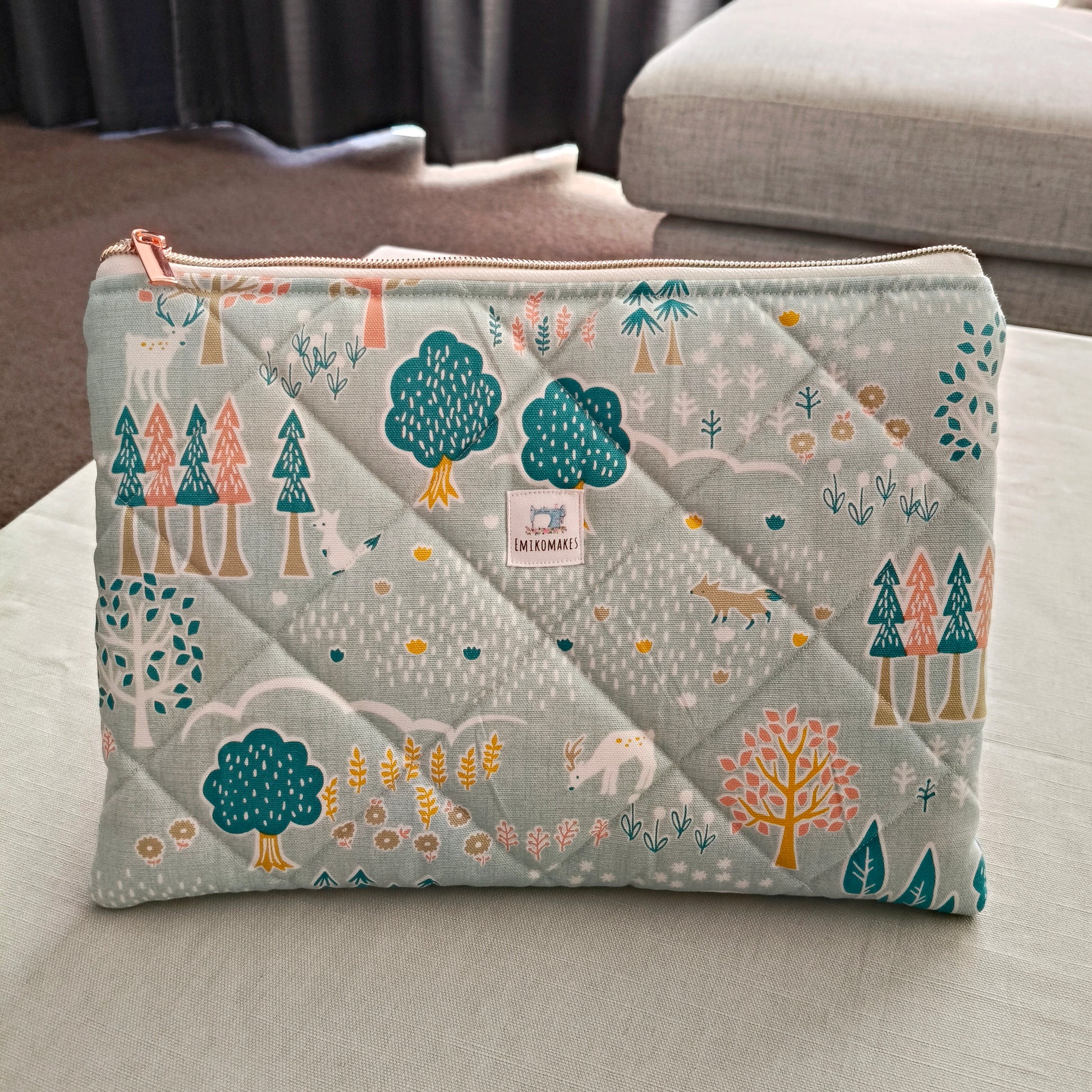 quilted tablet sleeve with nature and woods prints