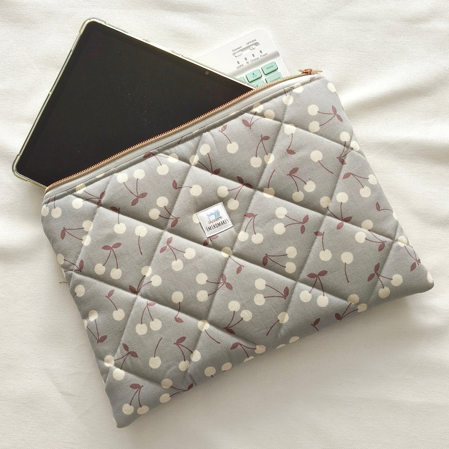 quilted tablet sleeve with cherries prints